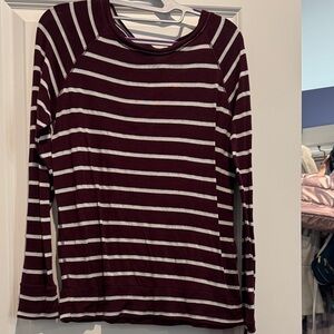 Striped Long Sleeve Top - Burgundy and White